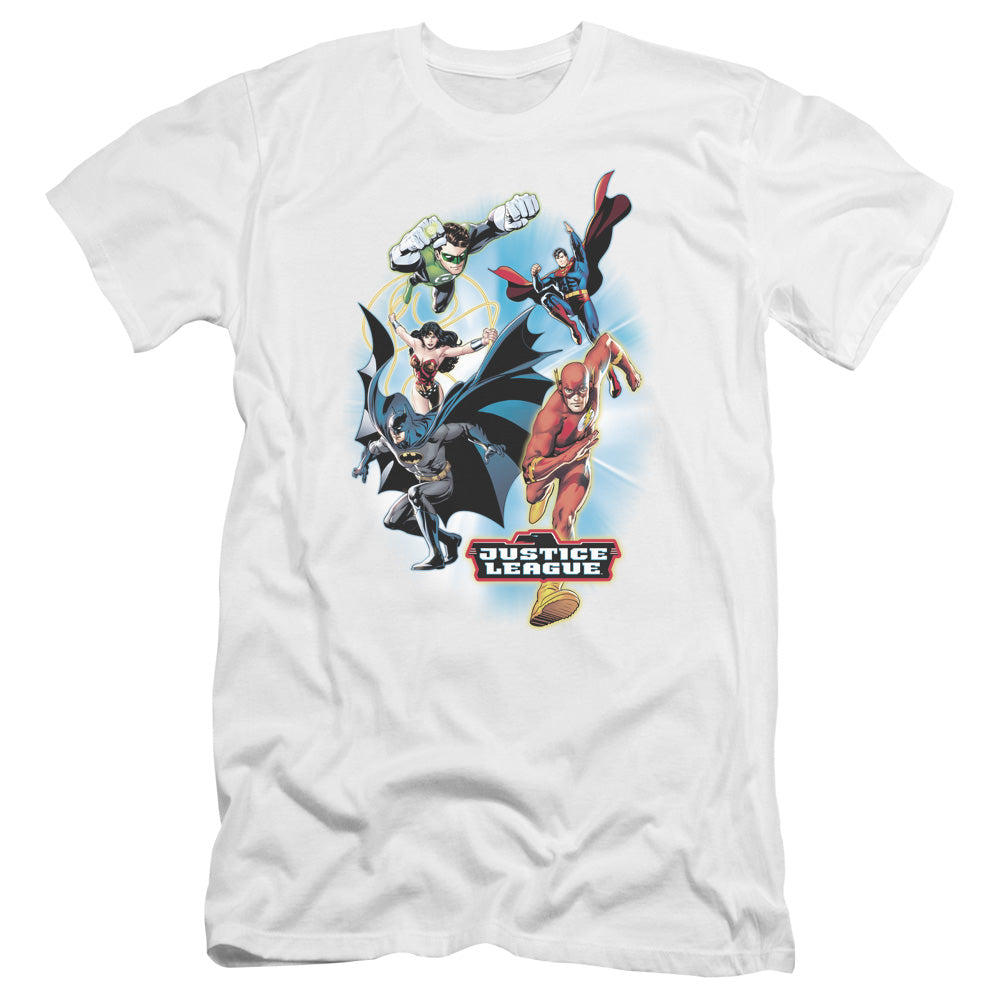 AN OFFCIALLY LICENSED JLA AT YOUR SERVICE MEN'S PREMIUM SLIM FIT T-SHIRT WHITE