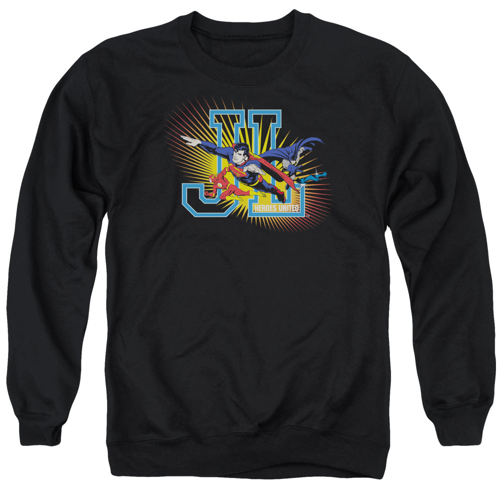 AN OFFCIALLY LICENSED JLA HEROES UNITED ADULT UNISEX CREWNECK SWEATSHIRT BLACK
