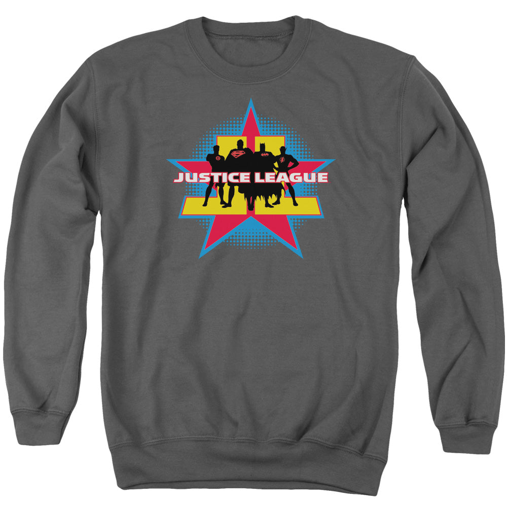 AN OFFCIALLY LICENSED JLA STAND TALL ADULT UNISEX CREWNECK SWEATSHIRT CHARCOAL
