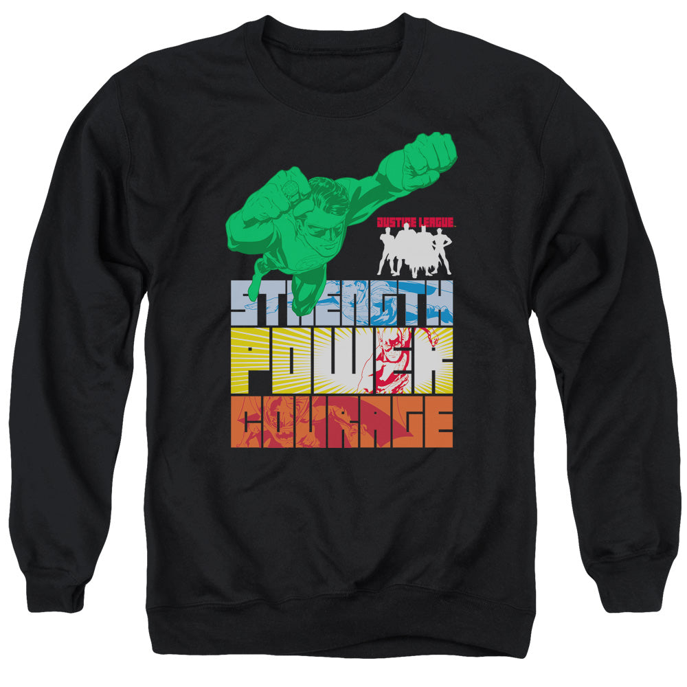 AN OFFCIALLY LICENSED JLA HEROIC QUALITIES ADULT UNISEX CREWNECK SWEATSHIRT BLACK
