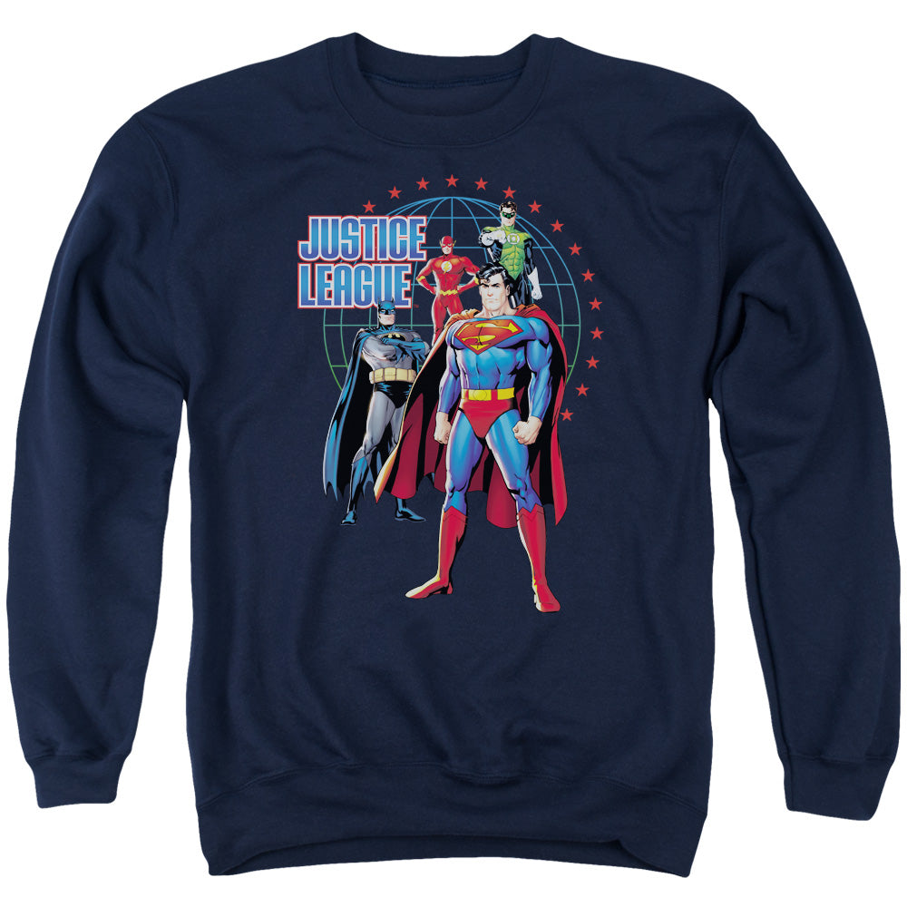 AN OFFCIALLY LICENSED JLA PROTECTORS ADULT UNISEX CREWNECK SWEATSHIRT NAVY