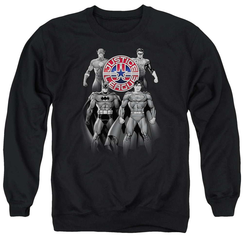 AN OFFCIALLY LICENSED JLA SHADES OF GRAY ADULT UNISEX CREWNECK SWEATSHIRT BLACK