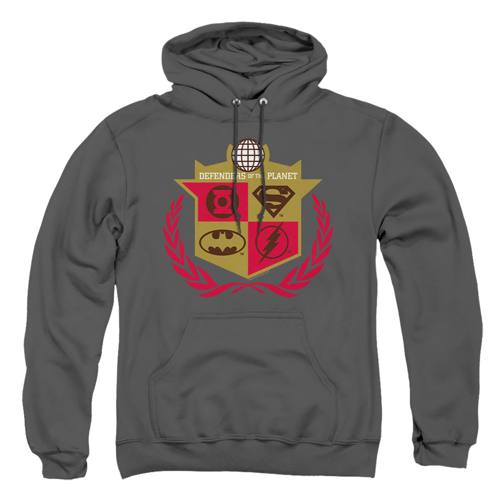 AN OFFCIALLY LICENSED JLA DEFENDERS ADULT UNISEX PULLOVER HOODIE CHARCOAL