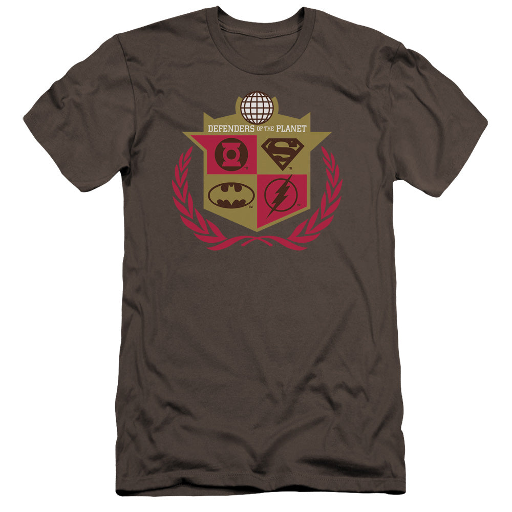 AN OFFCIALLY LICENSED JLA DEFENDERS MEN'S PREMIUM SLIM FIT T-SHIRT CHARCOAL