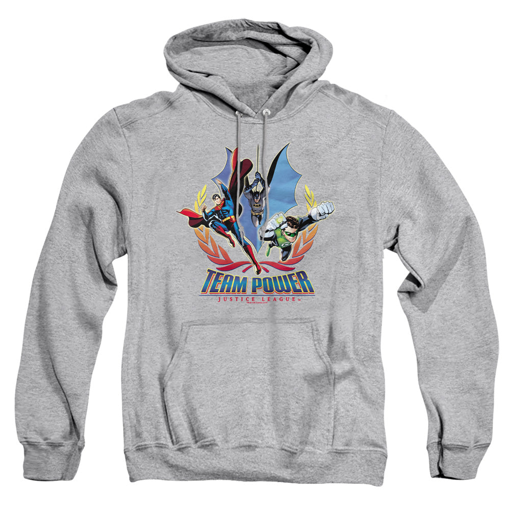 AN OFFCIALLY LICENSED JLA TEAM POWER ADULT UNISEX PULLOVER HOODIE ATHLETIC HEATHER