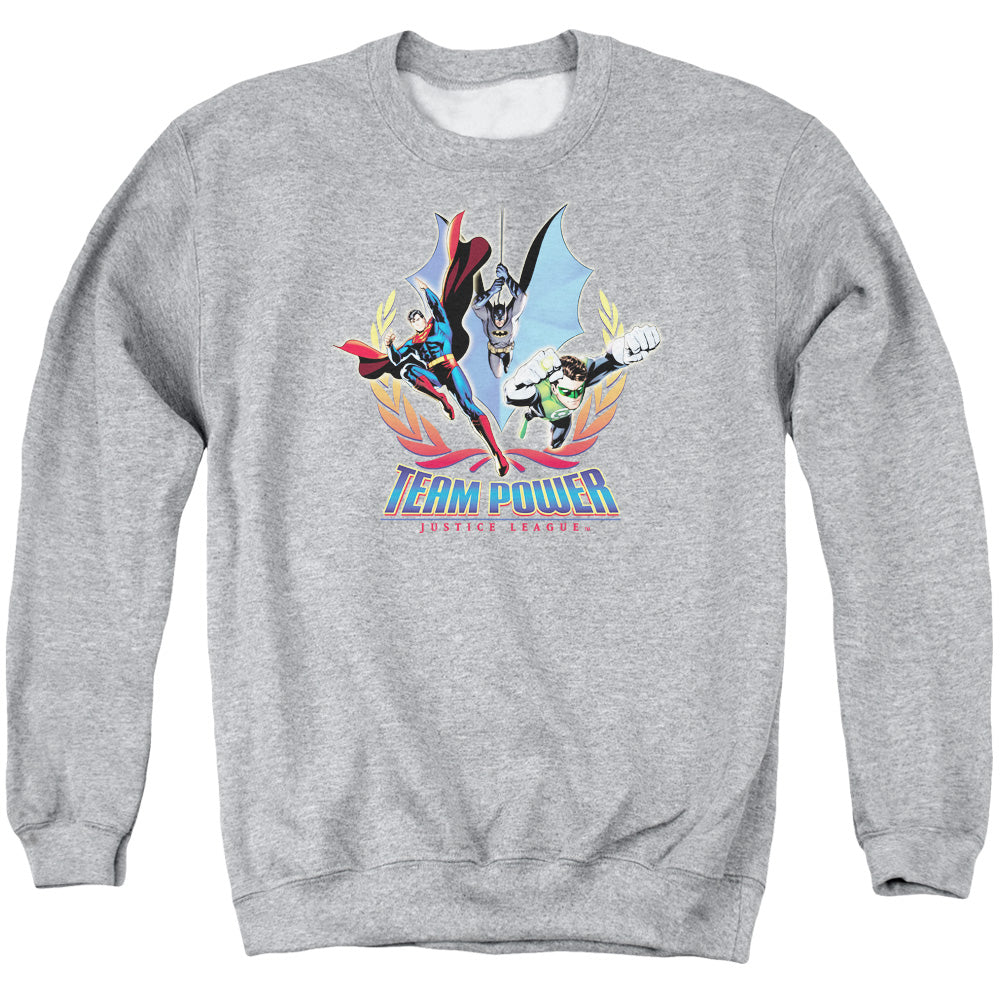 AN OFFCIALLY LICENSED JLA TEAM POWER ADULT UNISEX CREWNECK SWEATSHIRT ATHLETIC HEATHER
