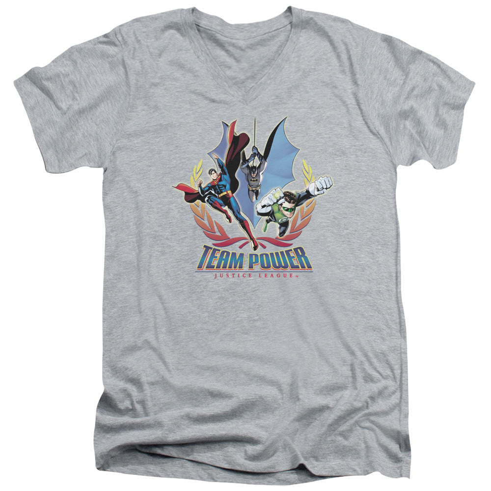 AN OFFCIALLY LICENSED JLA TEAM POWER MEN'S V-NECK T-SHIRT ATHLETIC HEATHER