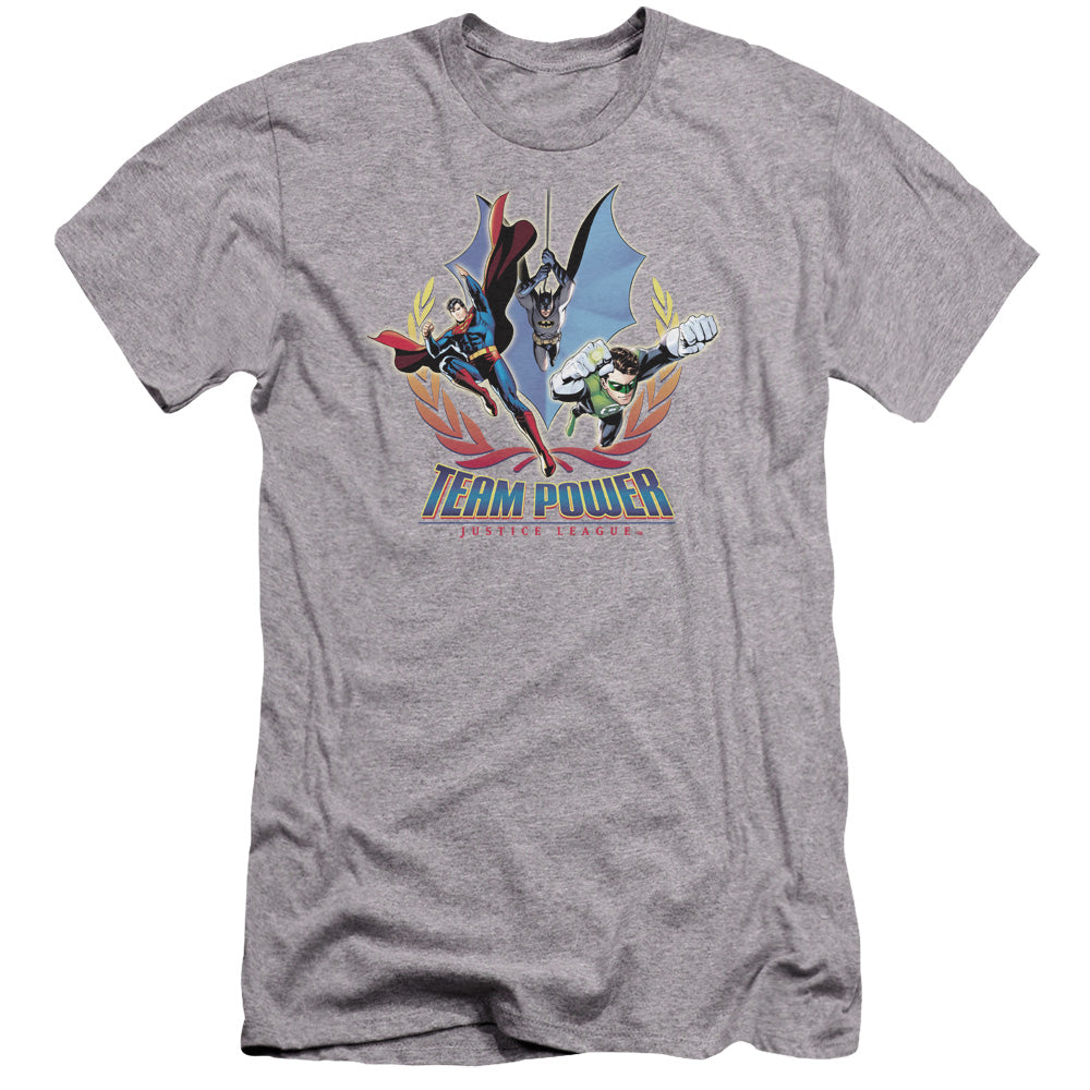 AN OFFCIALLY LICENSED JLA TEAM POWER MEN'S PREMIUM SLIM FIT T-SHIRT ATHLETIC HEATHER