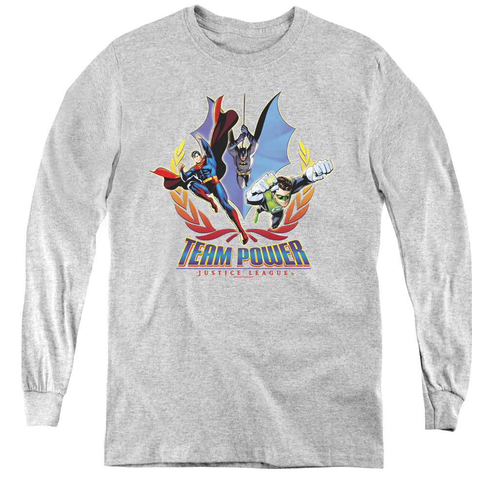 AN OFFCIALLY LICENSED JLA TEAM POWER YOUTH LONG SLEEVE T-SHIRT ATHLETIC HEATHER