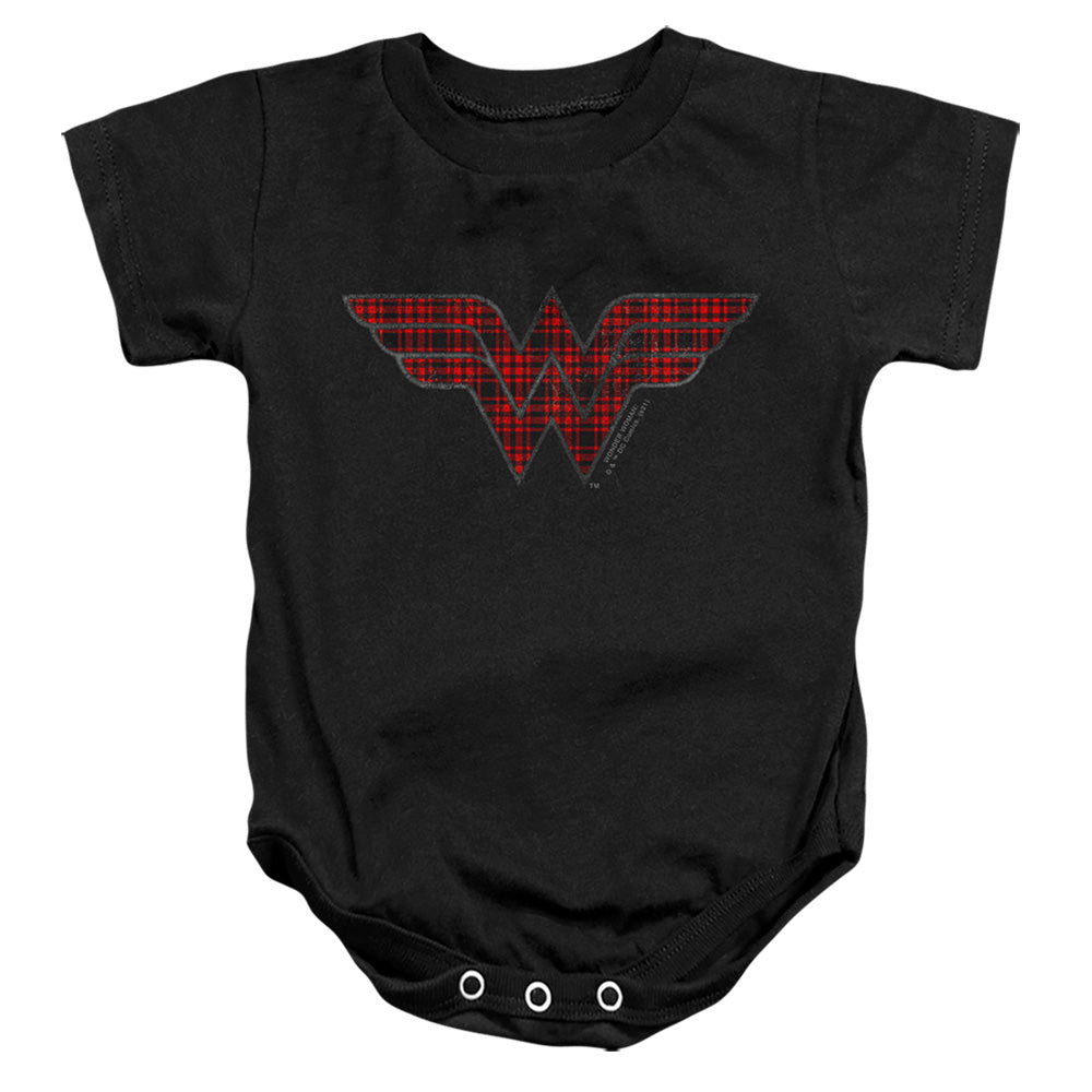 AN OFFCIALLY LICENSED DC WONDER WOMAN PLAID WONDER WOMAN LOGO BABY BODYSUIT BLACK