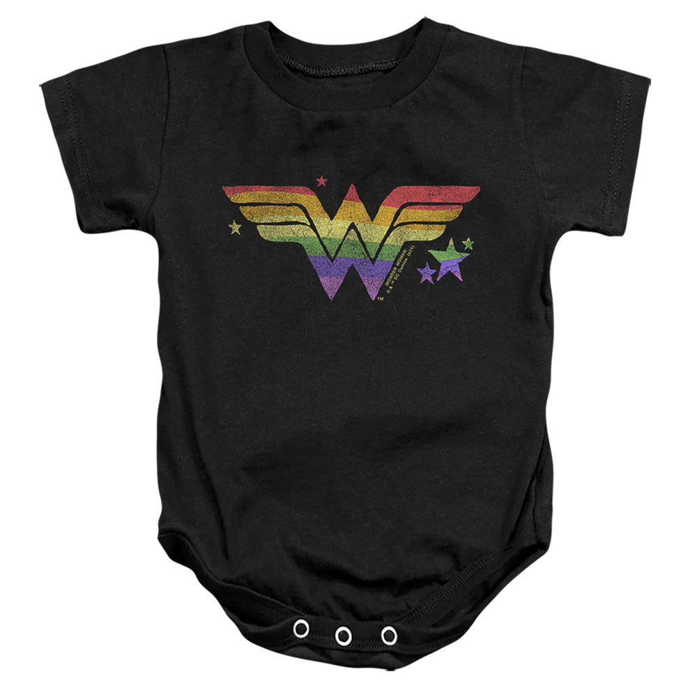 AN OFFCIALLY LICENSED DC WONDER WOMAN RAINBOW WONDER WOMAN BABY BODYSUIT BLACK