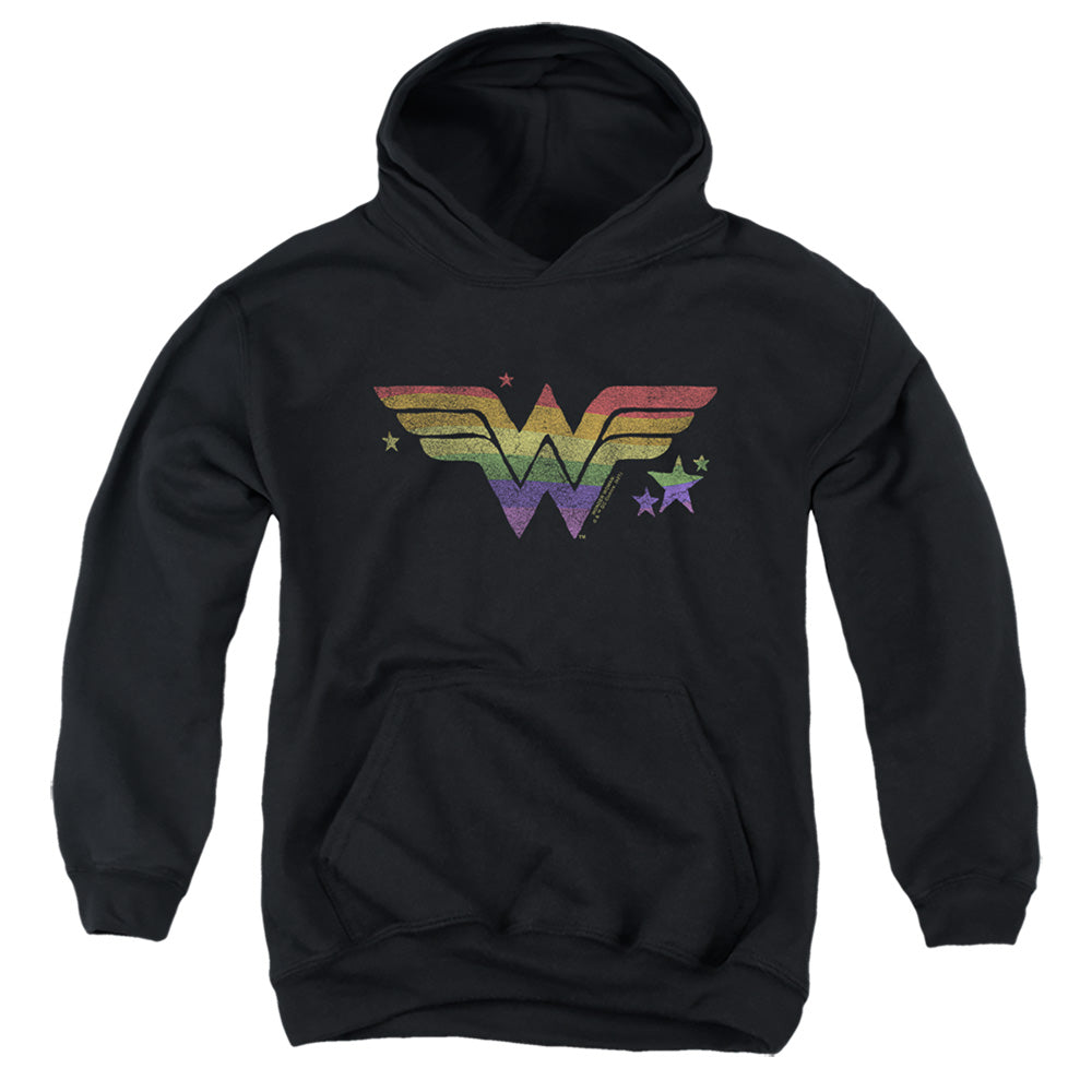AN OFFCIALLY LICENSED DC WONDER WOMAN RAINBOW WONDER WOMAN YOUTH HOODIE BLACK