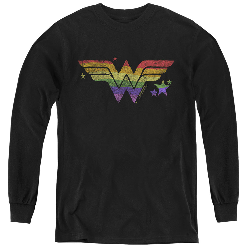 AN OFFCIALLY LICENSED DC WONDER WOMAN RAINBOW WONDER WOMAN YOUTH LONG SLEEVE T-SHIRT BLACK