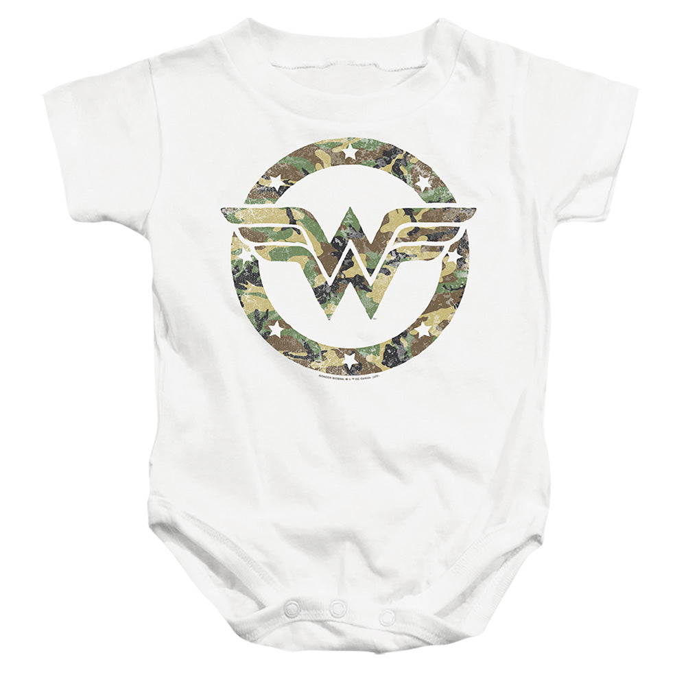 AN OFFCIALLY LICENSED DC WONDER WOMAN CAMO WONDER WOMAN LOGO BABY BODYSUIT WHITE