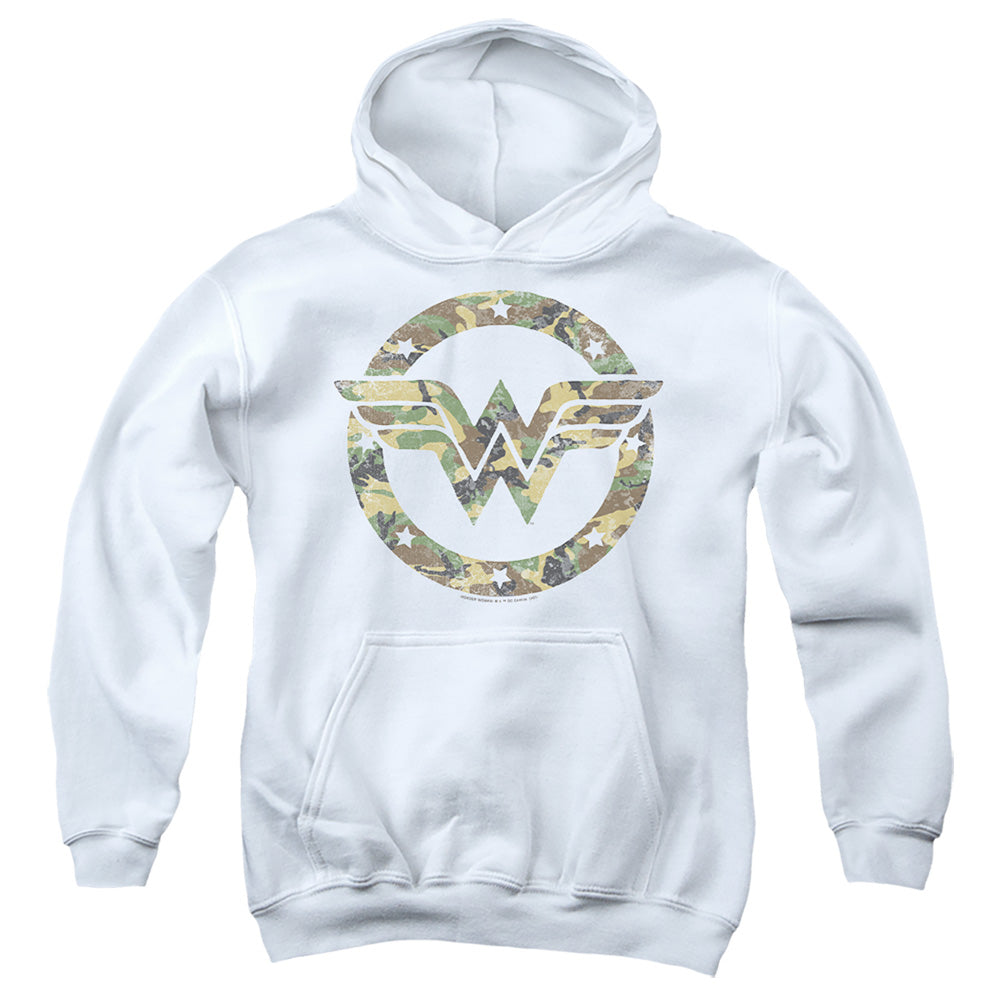 AN OFFCIALLY LICENSED DC WONDER WOMAN CAMO WONDER WOMAN LOGO YOUTH HOODIE WHITE