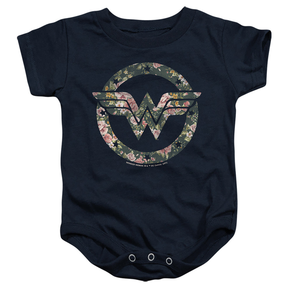 AN OFFCIALLY LICENSED DC WONDER WOMAN FLORAL WONDER WOMAN LOGO BABY BODYSUIT NAVY