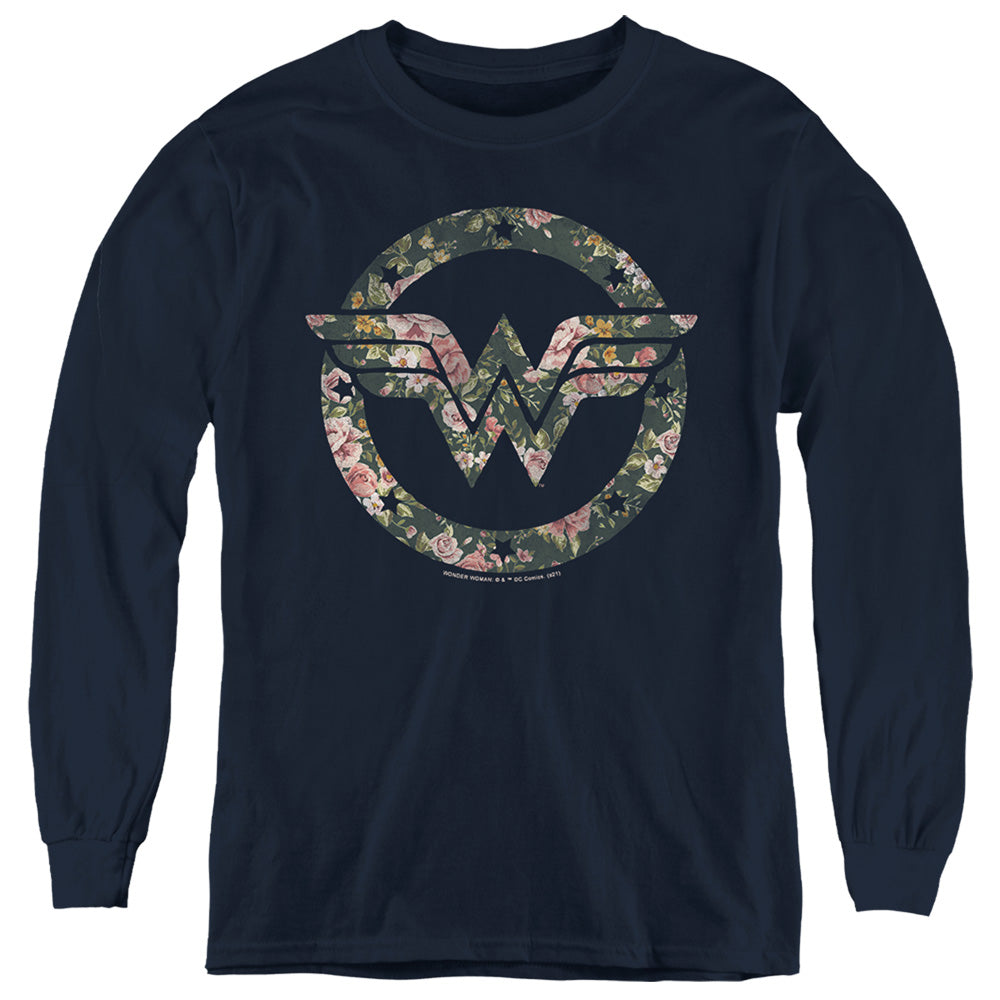 AN OFFCIALLY LICENSED DC WONDER WOMAN FLORAL WONDER WOMAN LOGO YOUTH LONG SLEEVE T-SHIRT NAVY