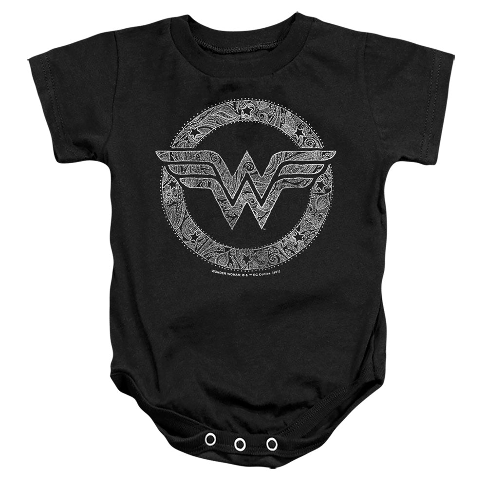 AN OFFCIALLY LICENSED DC WONDER WOMAN PAISELY WONDER WOMAN LOGO BABY BODYSUIT BLACK