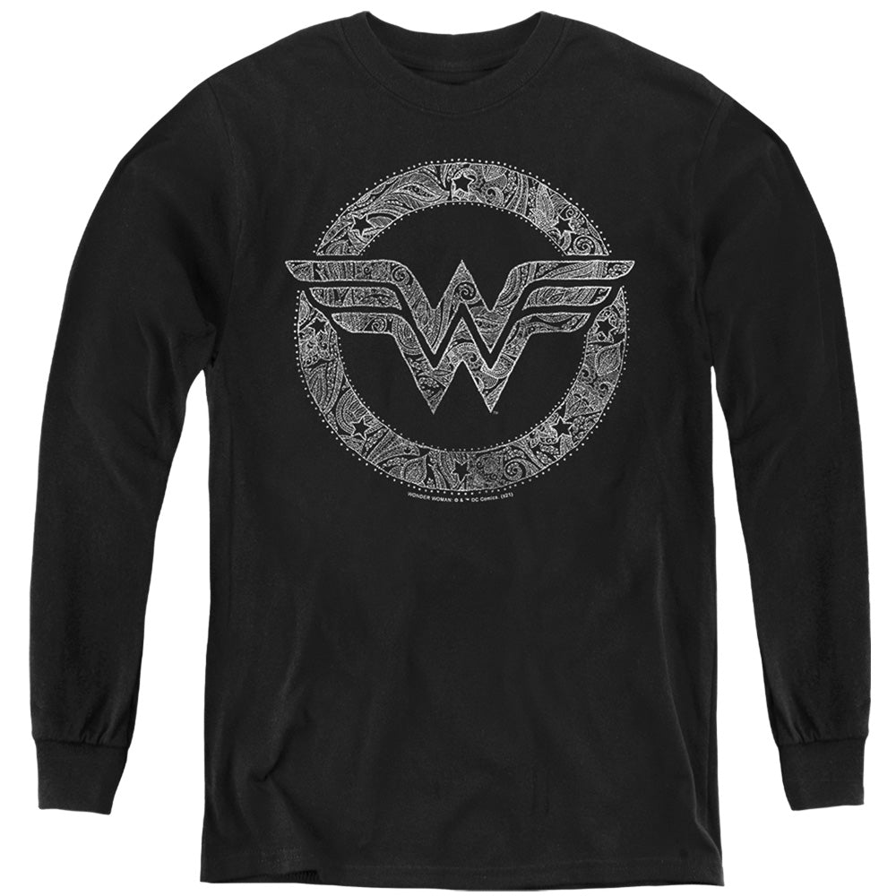 AN OFFCIALLY LICENSED DC WONDER WOMAN PAISELY WONDER WOMAN LOGO YOUTH LONG SLEEVE T-SHIRT BLACK