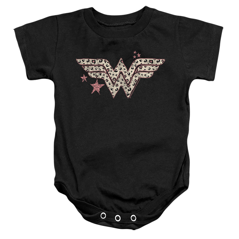 AN OFFCIALLY LICENSED DC WONDER WOMAN LEOPARD WONDER WOMAN BABY BODYSUIT BLACK