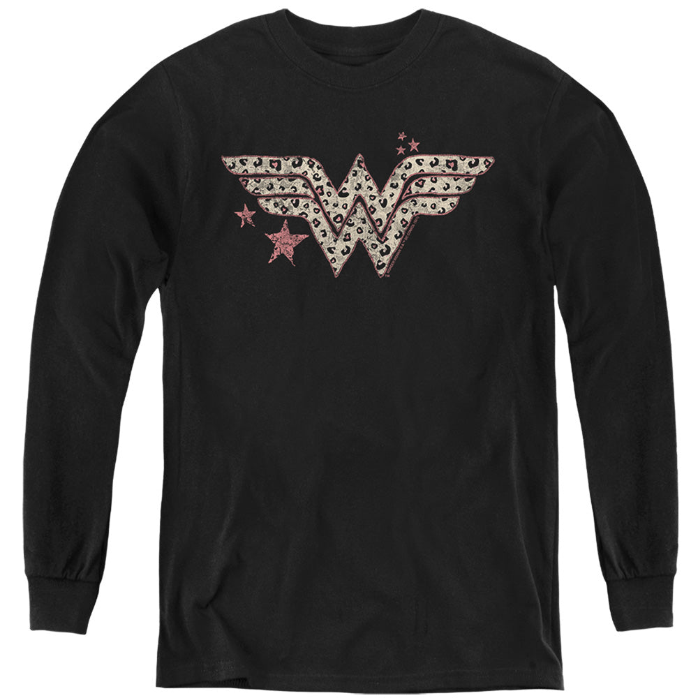 AN OFFCIALLY LICENSED DC WONDER WOMAN LEOPARD WONDER WOMAN YOUTH LONG SLEEVE T-SHIRT BLACK