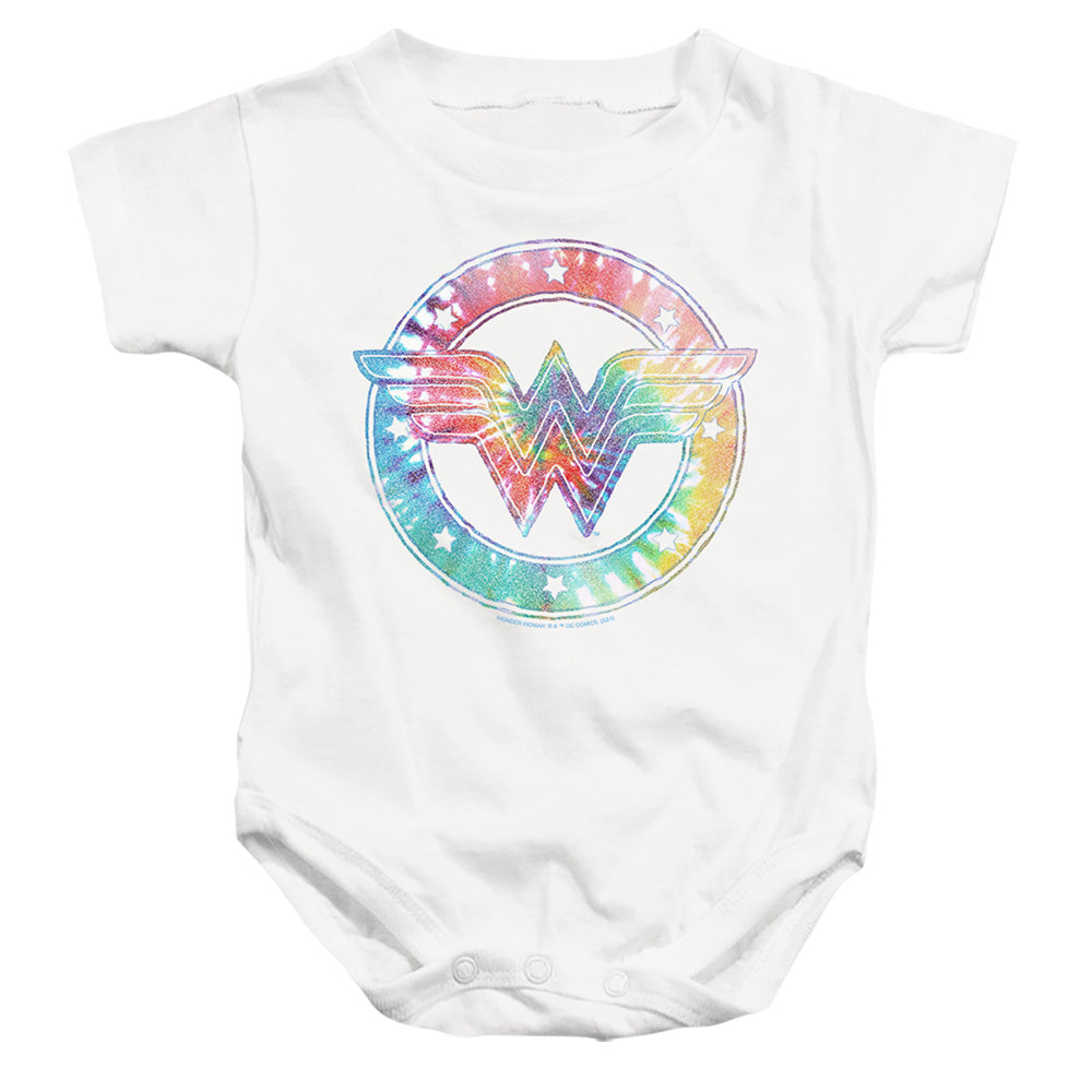 AN OFFCIALLY LICENSED DC WONDER WOMAN TIE DYE WONDER WOMAN BABY BODYSUIT WHITE