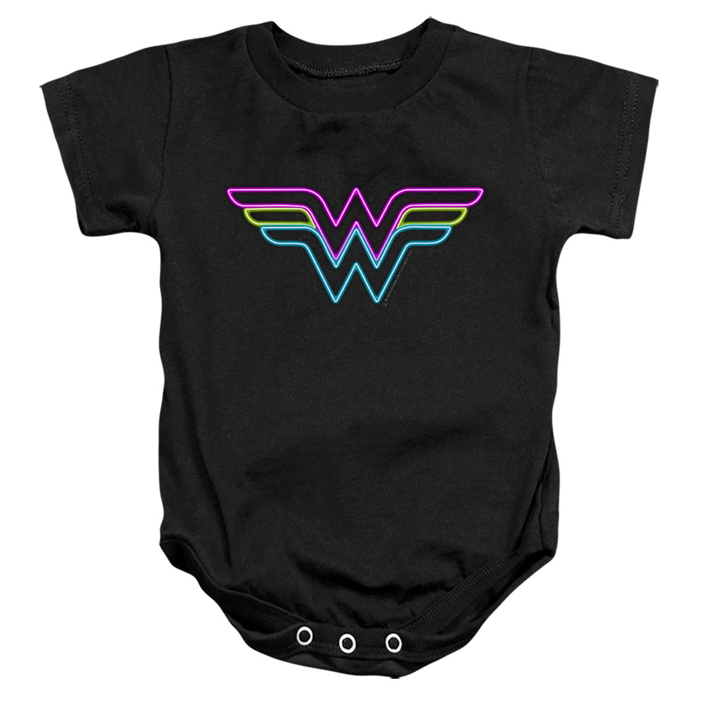 AN OFFCIALLY LICENSED DC WONDER WOMAN NEON WONDER WOMAN BABY BODYSUIT BLACK