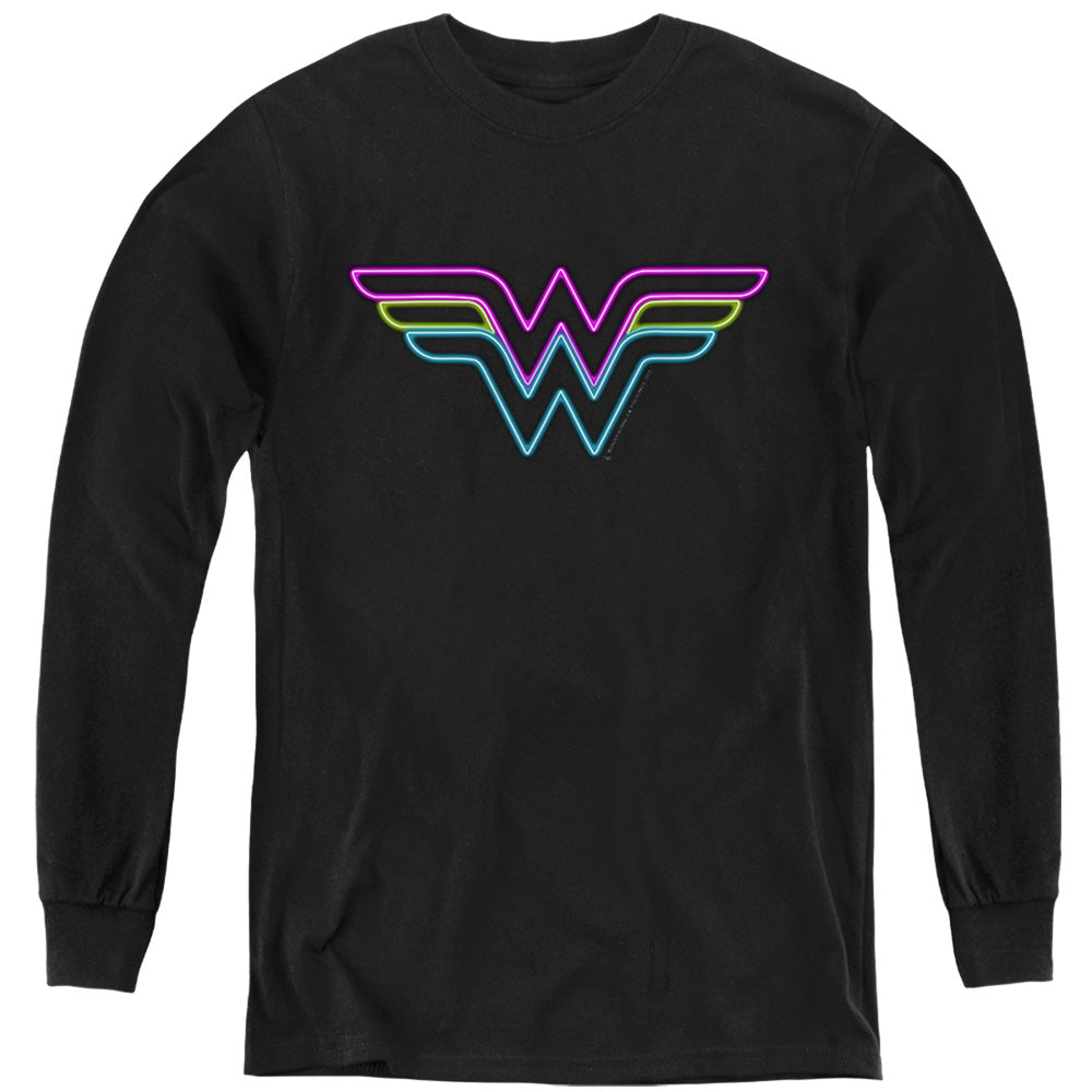 AN OFFCIALLY LICENSED DC WONDER WOMAN NEON WONDER WOMAN YOUTH LONG SLEEVE T-SHIRT BLACK