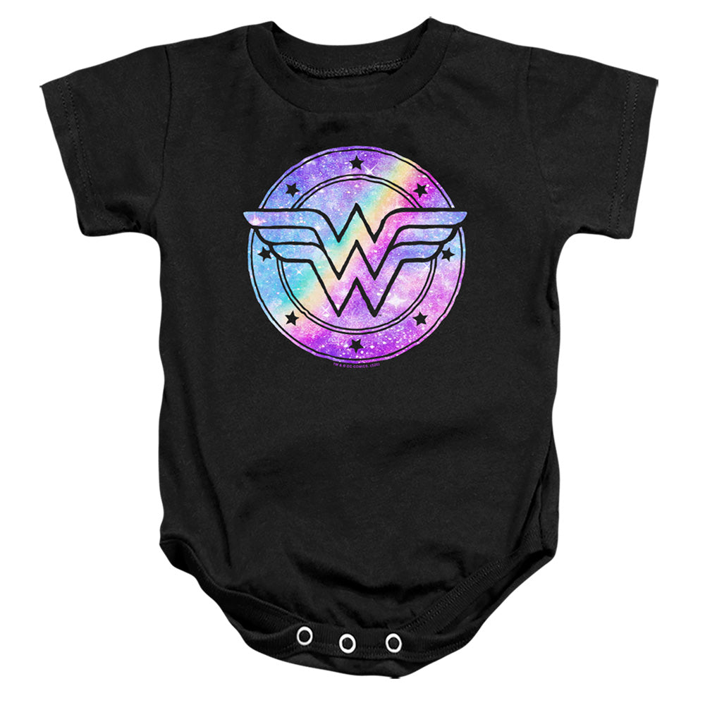 AN OFFCIALLY LICENSED DC WONDER WOMAN UNICORN GALAXY WONDER BABY BODYSUIT BLACK