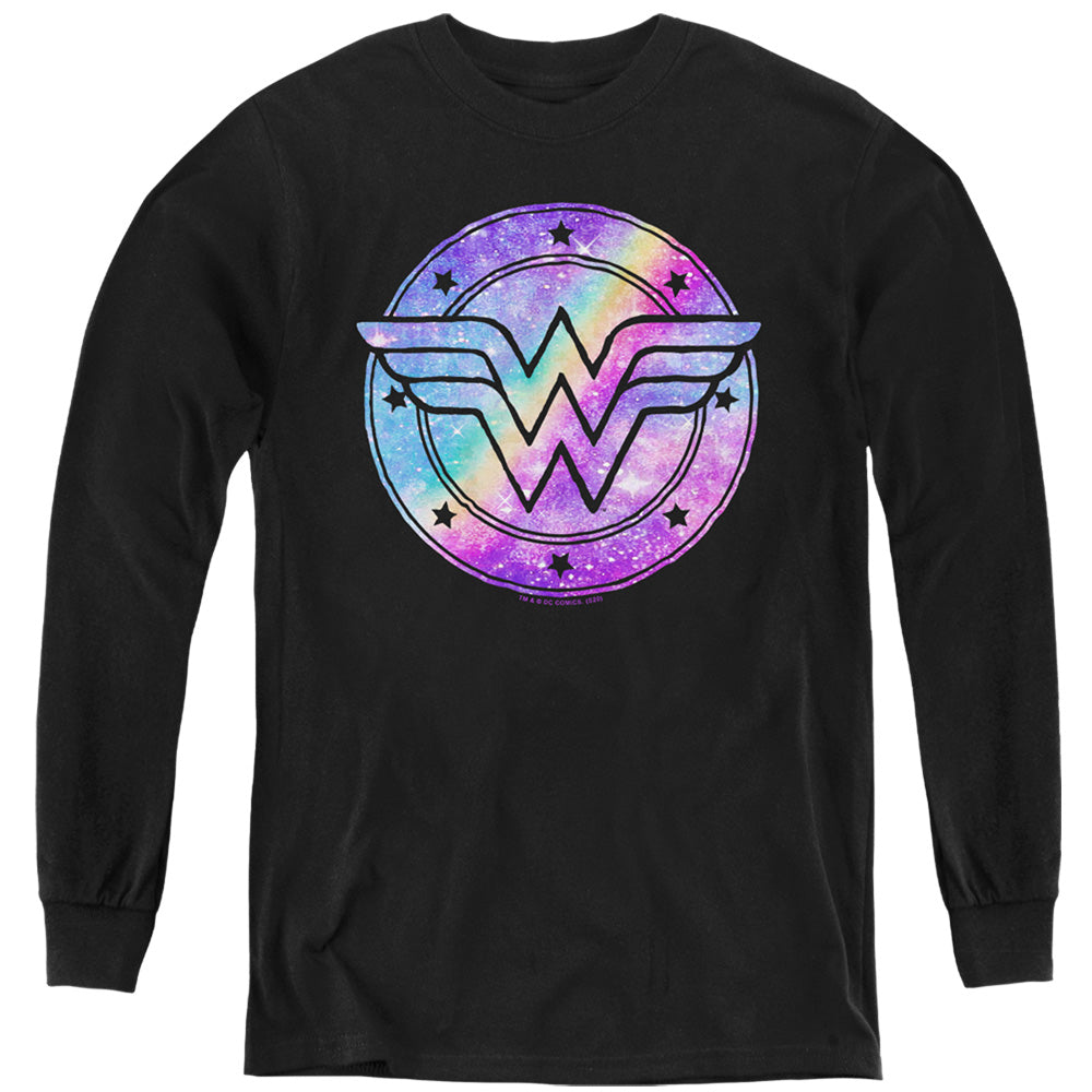 AN OFFCIALLY LICENSED DC WONDER WOMAN UNICORN GALAXY WONDER YOUTH LONG SLEEVE T-SHIRT BLACK