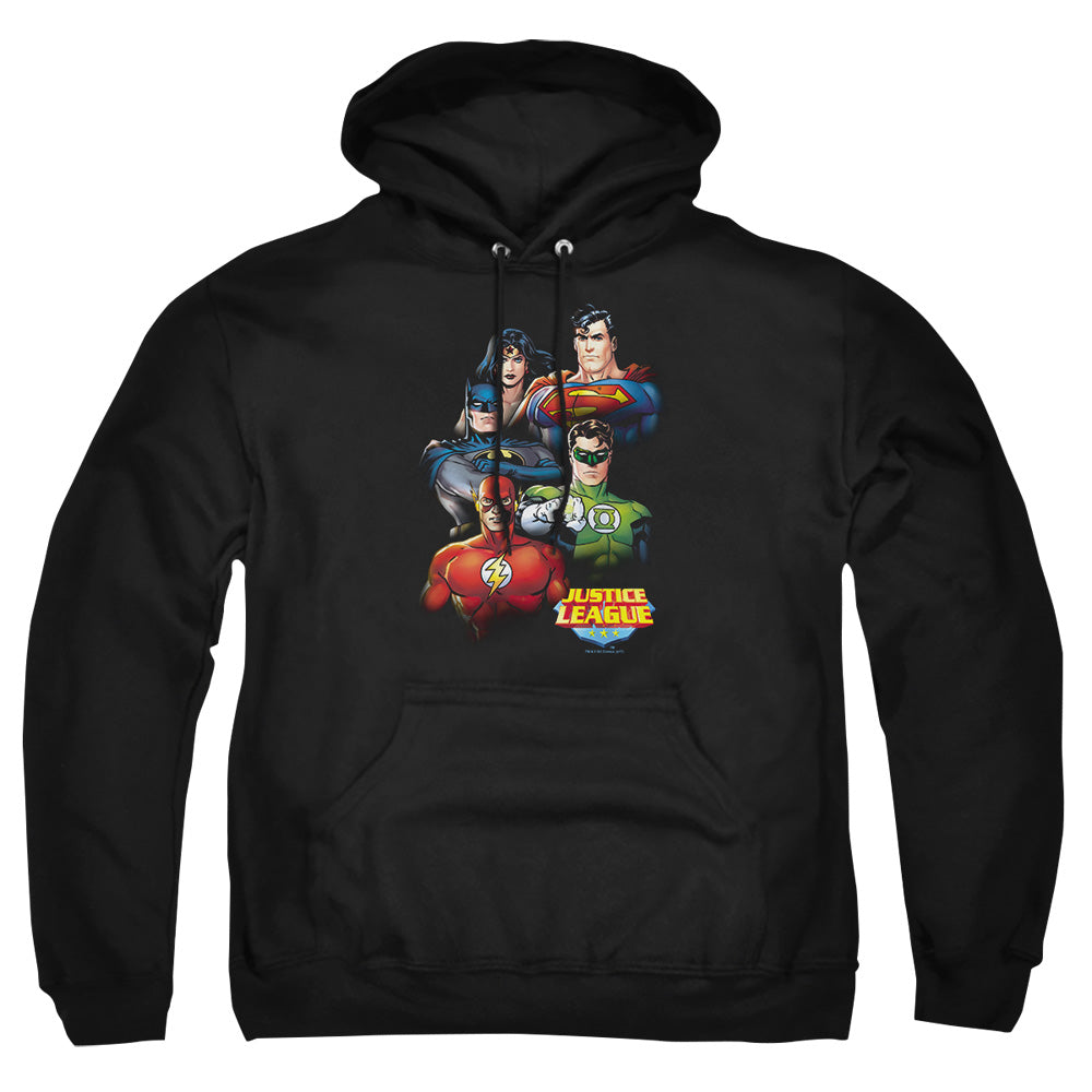 AN OFFCIALLY LICENSED JLA GROUP PORTRAIT ADULT UNISEX PULLOVER HOODIE BLACK