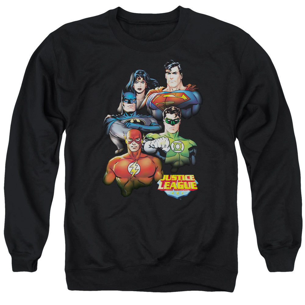 AN OFFCIALLY LICENSED JLA GROUP PORTRAIT ADULT UNISEX CREWNECK SWEATSHIRT BLACK