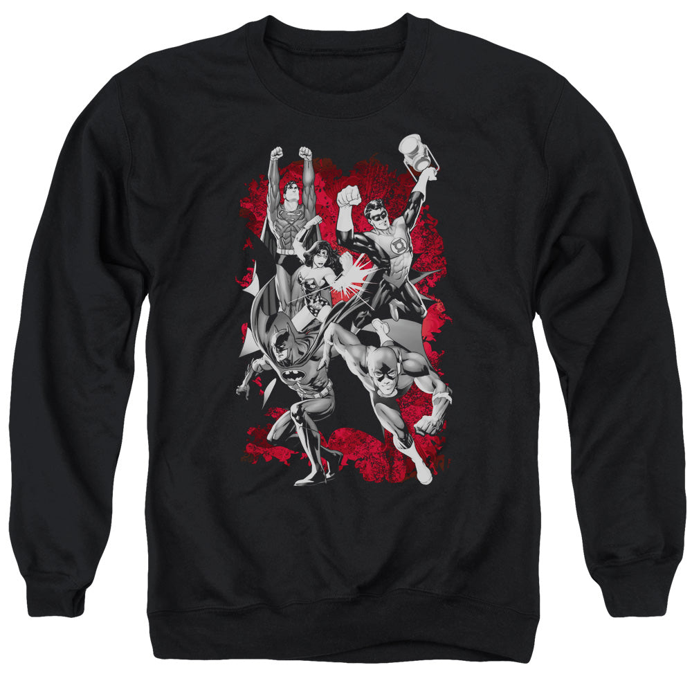 AN OFFCIALLY LICENSED JLA JLA EXPLOSION ADULT UNISEX CREWNECK SWEATSHIRT BLACK