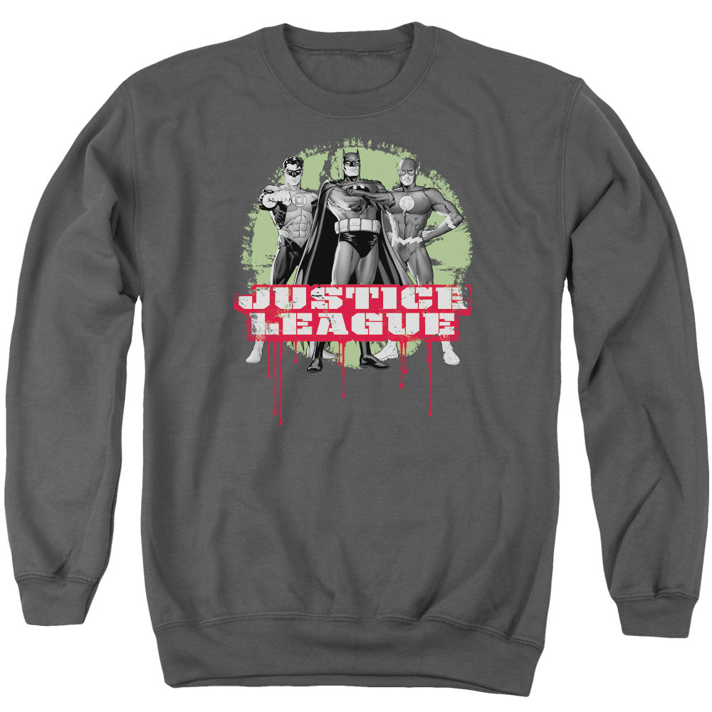 AN OFFCIALLY LICENSED JLA JLA TRIO ADULT UNISEX CREWNECK SWEATSHIRT CHARCOAL