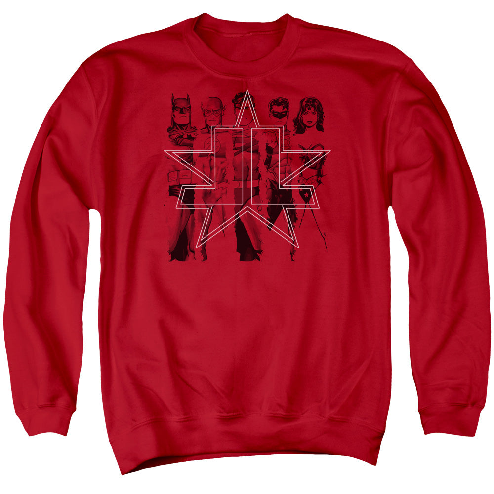 AN OFFCIALLY LICENSED JLA FIVE STARS ADULT UNISEX CREWNECK SWEATSHIRT RED