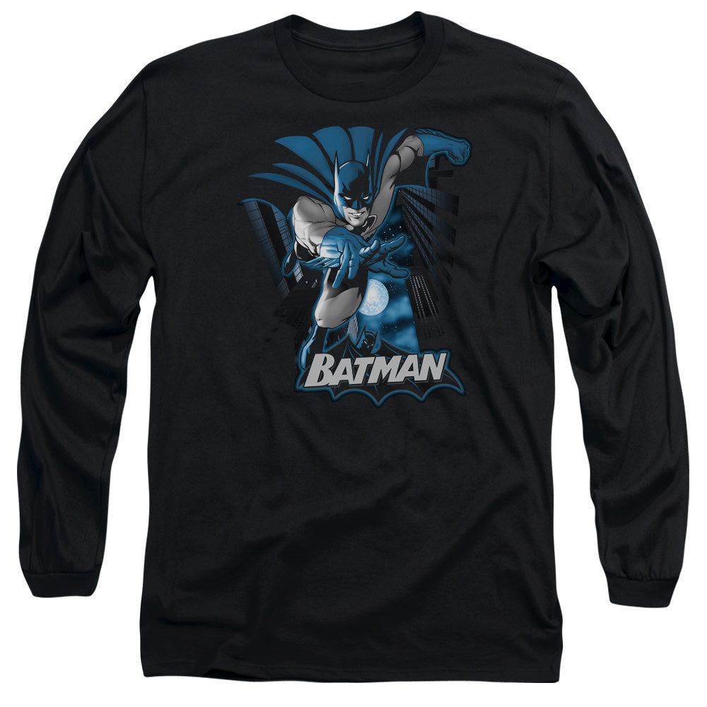AN OFFCIALLY LICENSED JLA BATMAN BLUE & GRAY MEN'S LONG SLEEVE T-SHIRT BLACK