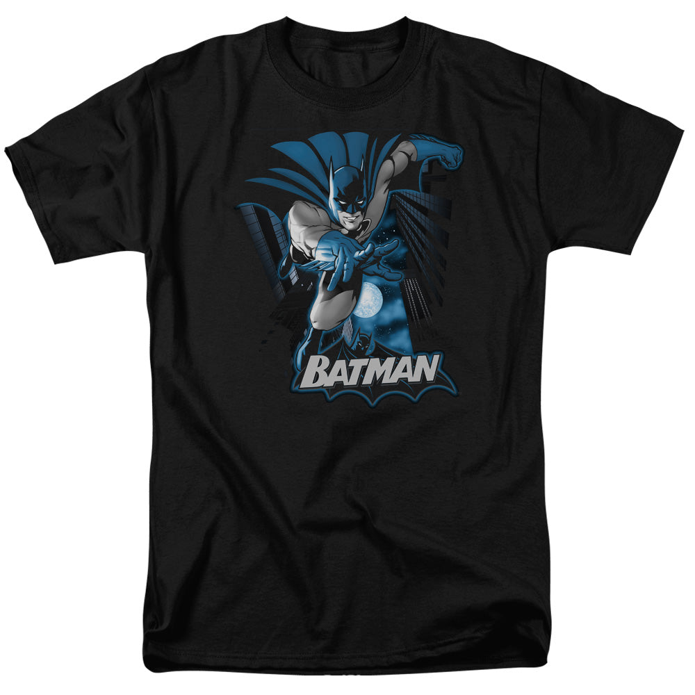 AN OFFCIALLY LICENSED JLA BATMAN BLUE & GRAY MEN'S REGULAR FIT T-SHIRT BLACK