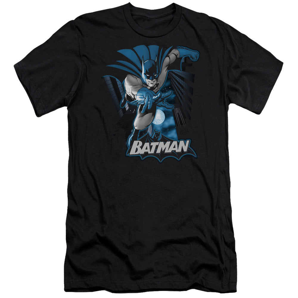 AN OFFCIALLY LICENSED JLA BATMAN BLUE & GRAY MEN'S PREMIUM SLIM FIT T-SHIRT BLACK