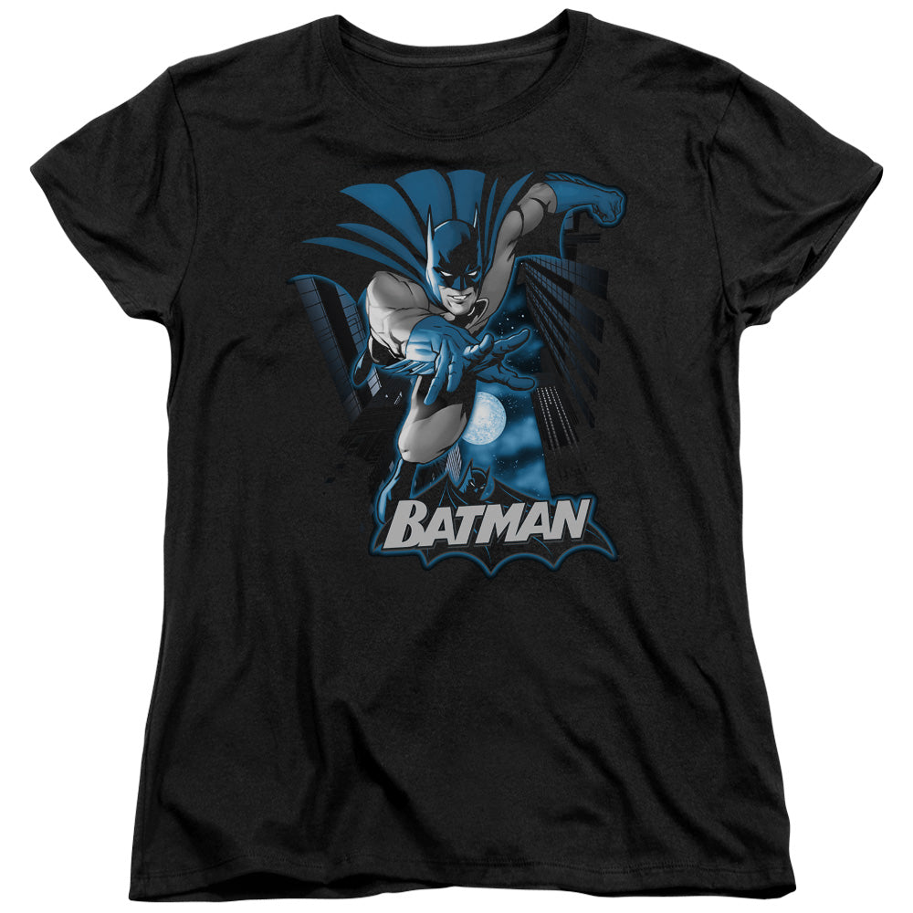 AN OFFCIALLY LICENSED JLA BATMAN BLUE & GRAY WOMEN'S REGULAR FIT T-SHIRT BLACK