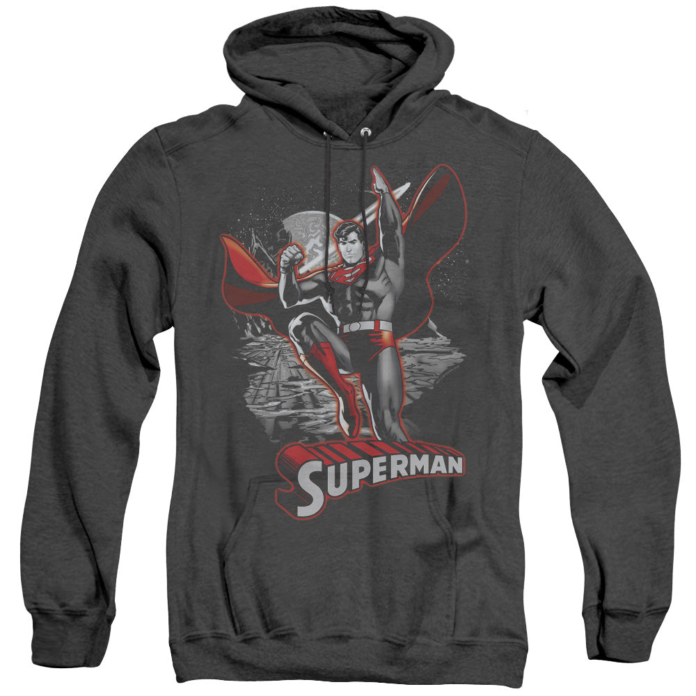AN OFFCIALLY LICENSED JLA SUPERMAN RED & GRAY ADULT UNISEX HEATHER PULLOVER HOODIE BLACK