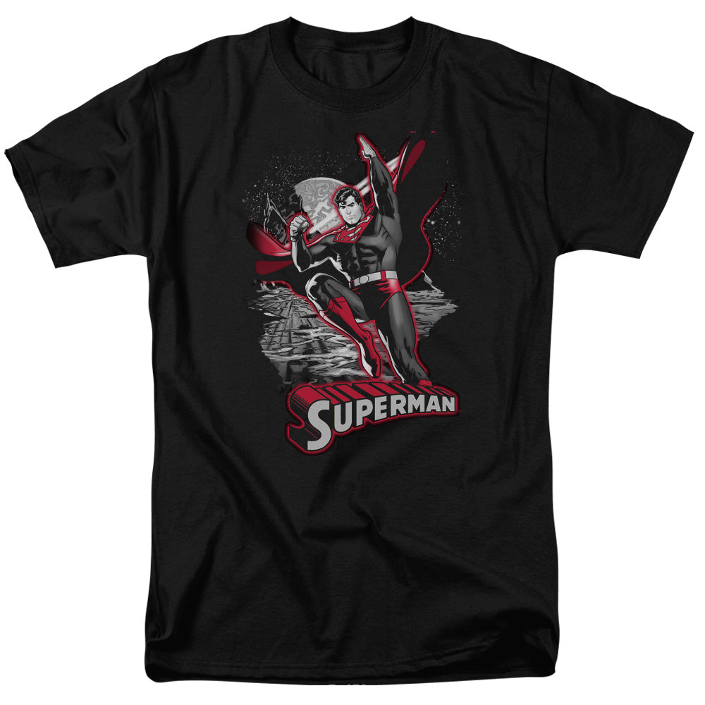 AN OFFCIALLY LICENSED JLA SUPERMAN RED & GRAY MEN'S REGULAR FIT T-SHIRT BLACK