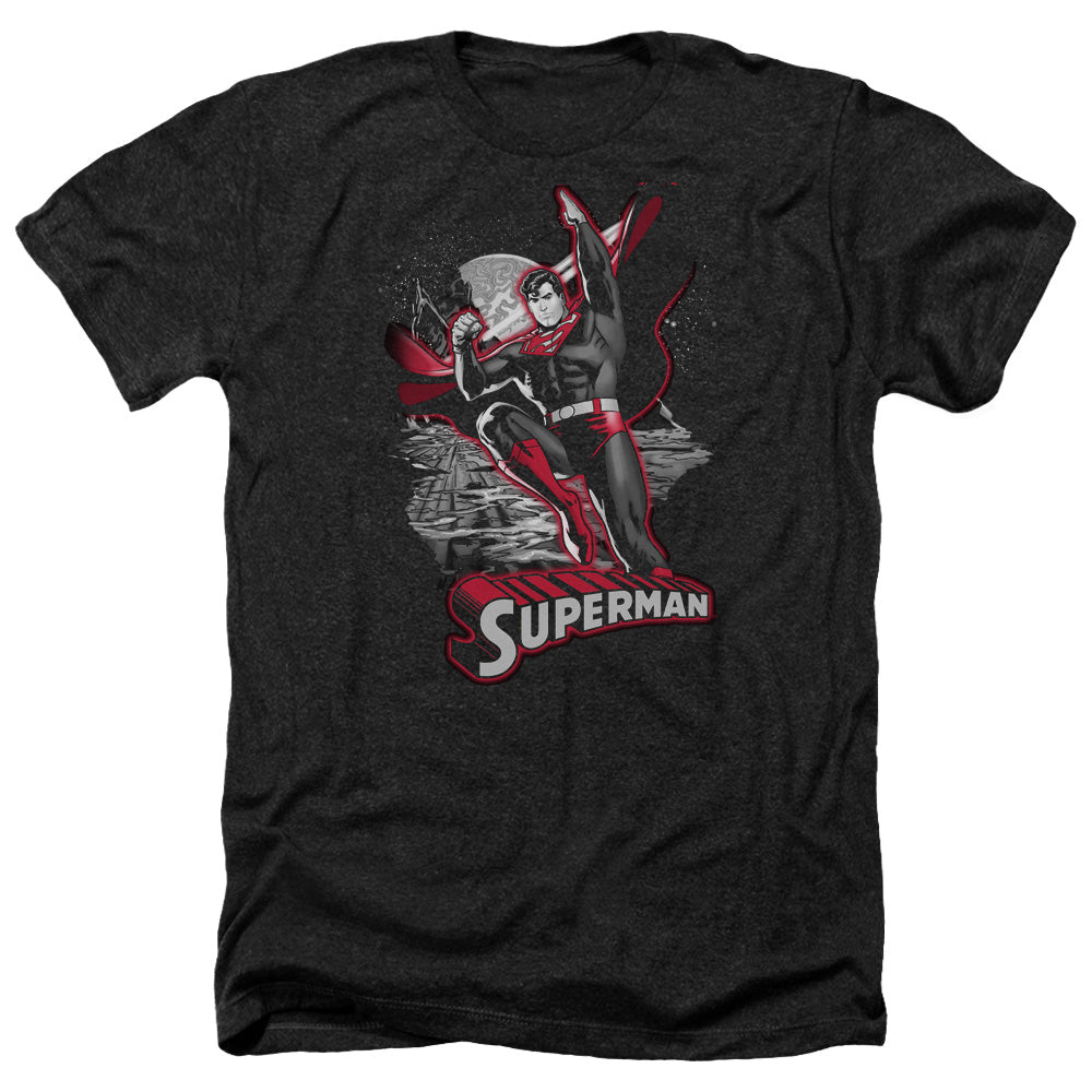 AN OFFCIALLY LICENSED JLA SUPERMAN RED & GRAY MEN'S HEATHER T-SHIRT CHARCOAL