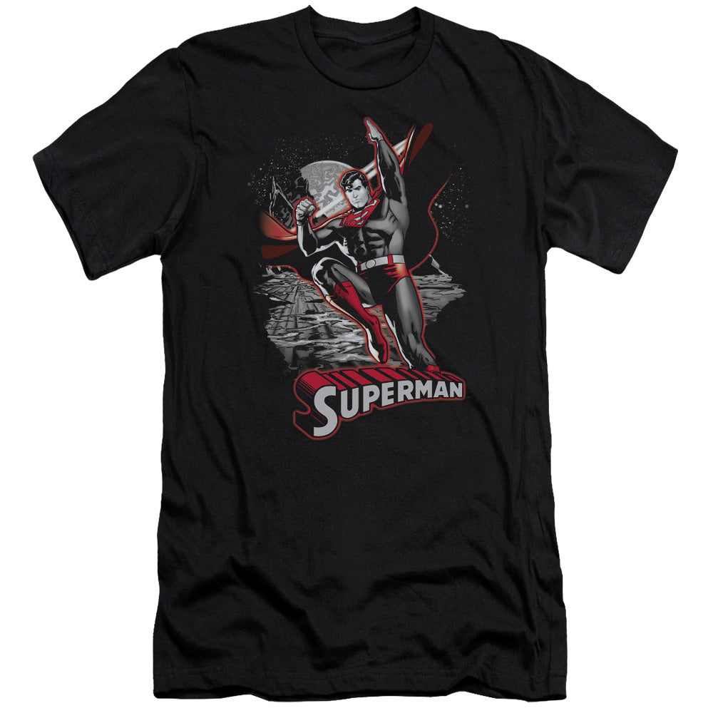 AN OFFCIALLY LICENSED JLA SUPERMAN RED & GRAY MEN'S PREMIUM SLIM FIT T-SHIRT BLACK