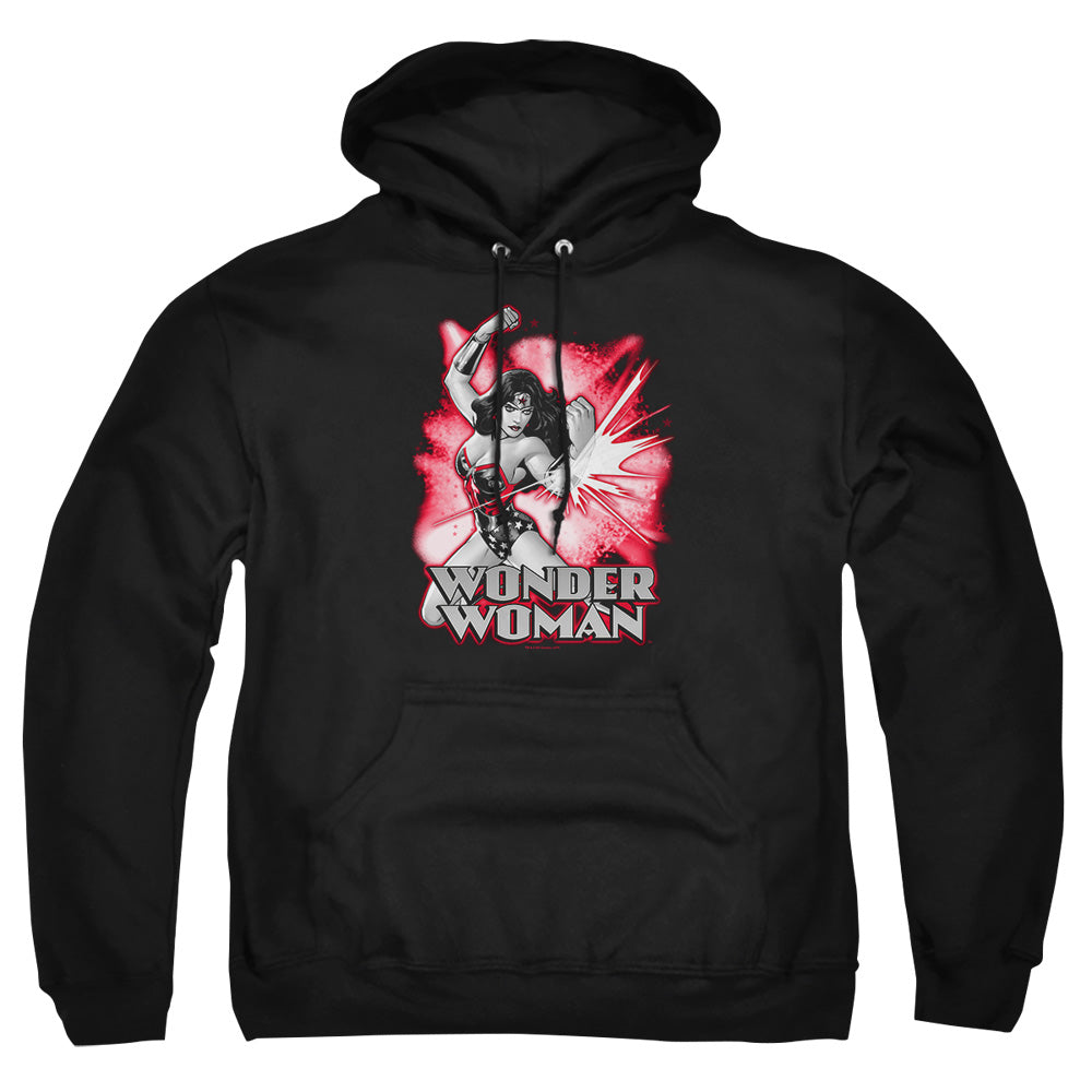 AN OFFCIALLY LICENSED JLA WONDER WOMAN RED AND GRAY ADULT UNISEX PULLOVER HOODIE BLACK