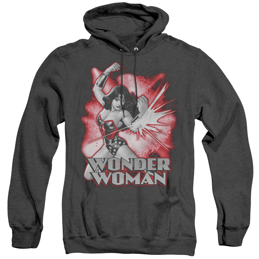 AN OFFCIALLY LICENSED JLA WONDER WOMAN RED AND GRAY ADULT UNISEX HEATHER PULLOVER HOODIE BLACK