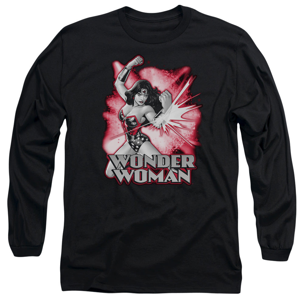 AN OFFCIALLY LICENSED JLA WONDER WOMAN RED AND GRAY MEN'S LONG SLEEVE T-SHIRT BLACK