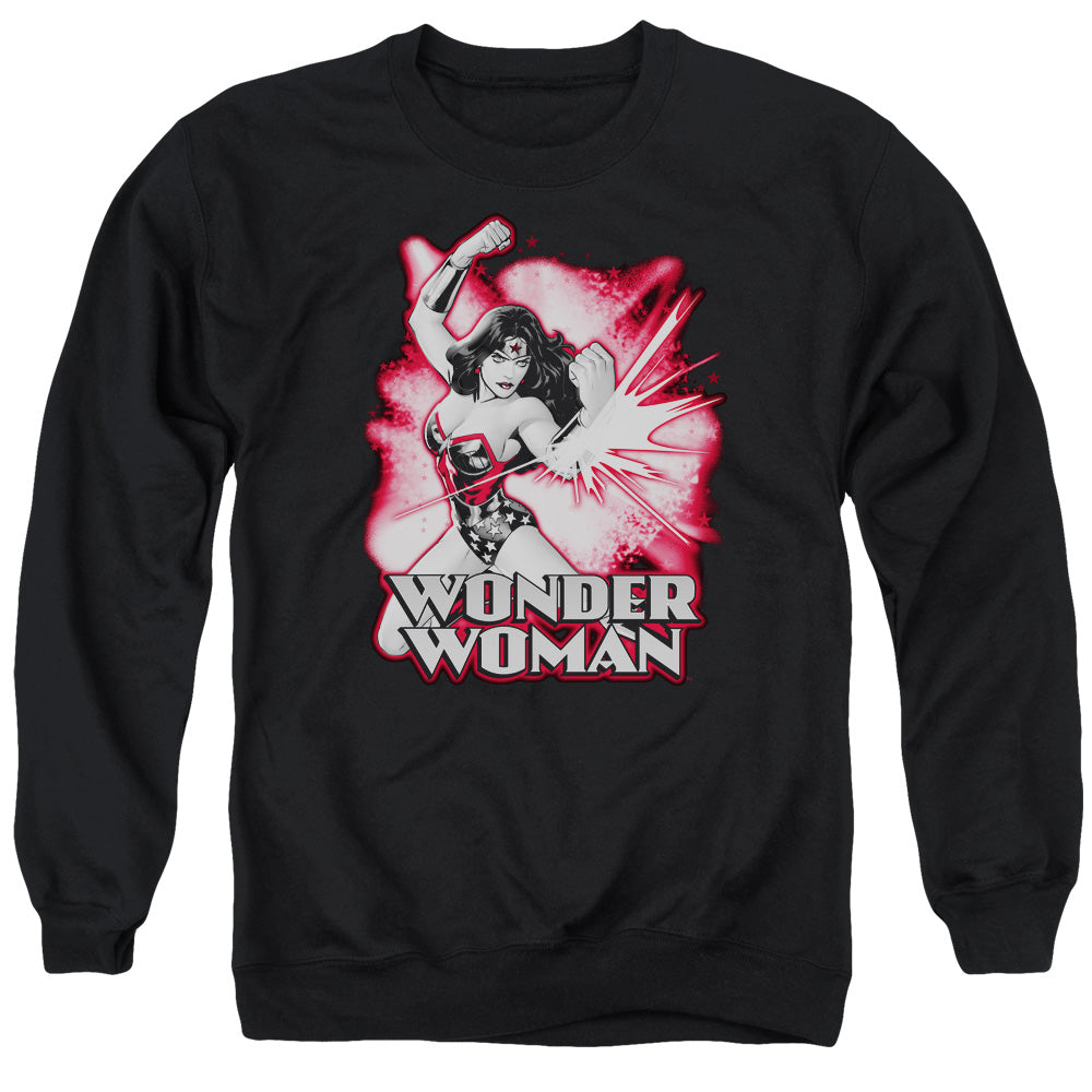 AN OFFCIALLY LICENSED JLA WONDER WOMAN RED AND GRAY ADULT UNISEX CREWNECK SWEATSHIRT BLACK