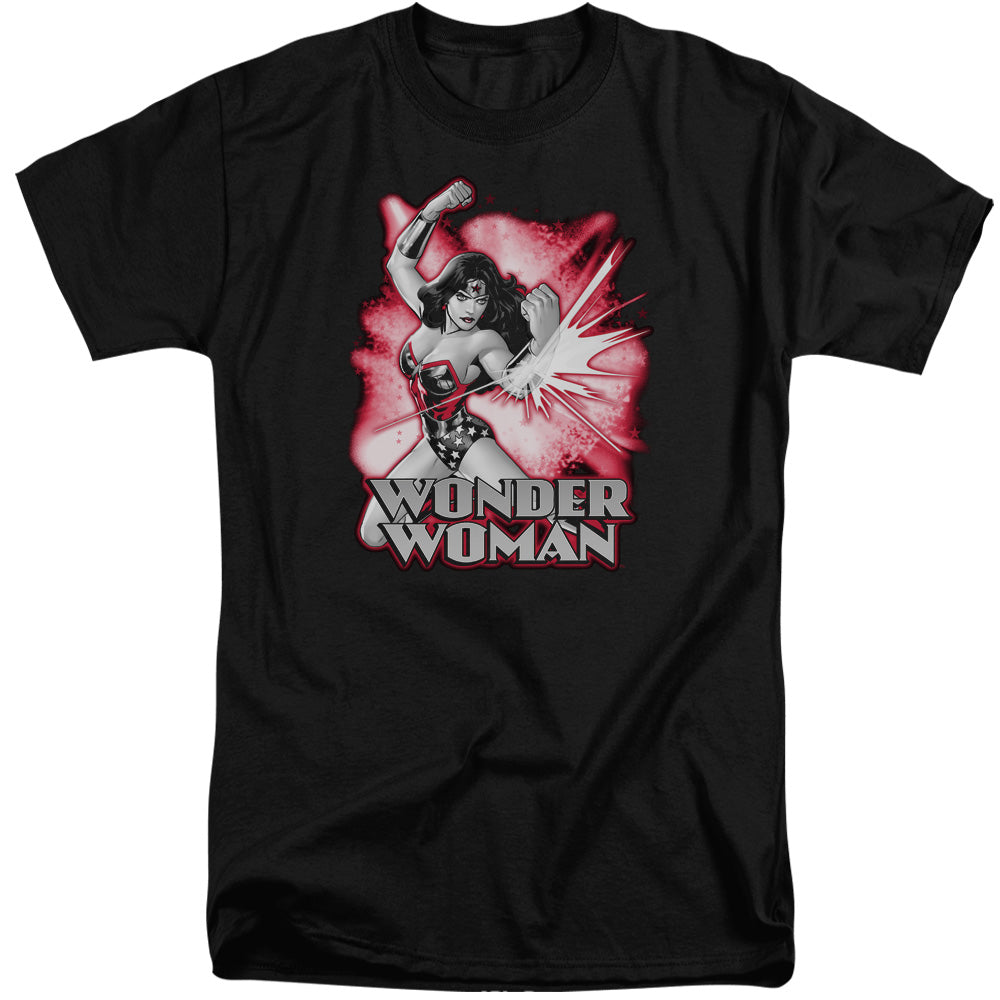 AN OFFCIALLY LICENSED JLA WONDER WOMAN RED AND GRAY MEN'S TALL FIT T-SHIRT BLACK