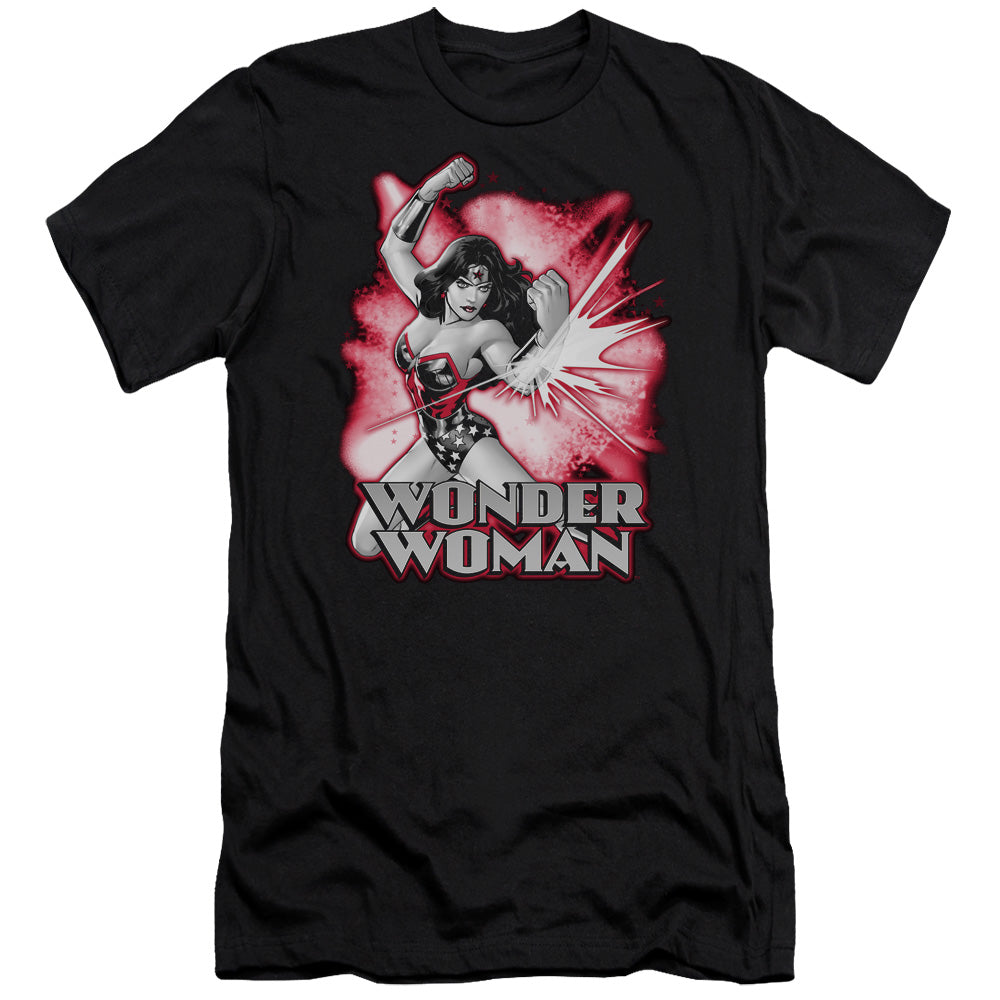 AN OFFCIALLY LICENSED JLA WONDER WOMAN RED AND GRAY MEN'S PREMIUM SLIM FIT T-SHIRT BLACK