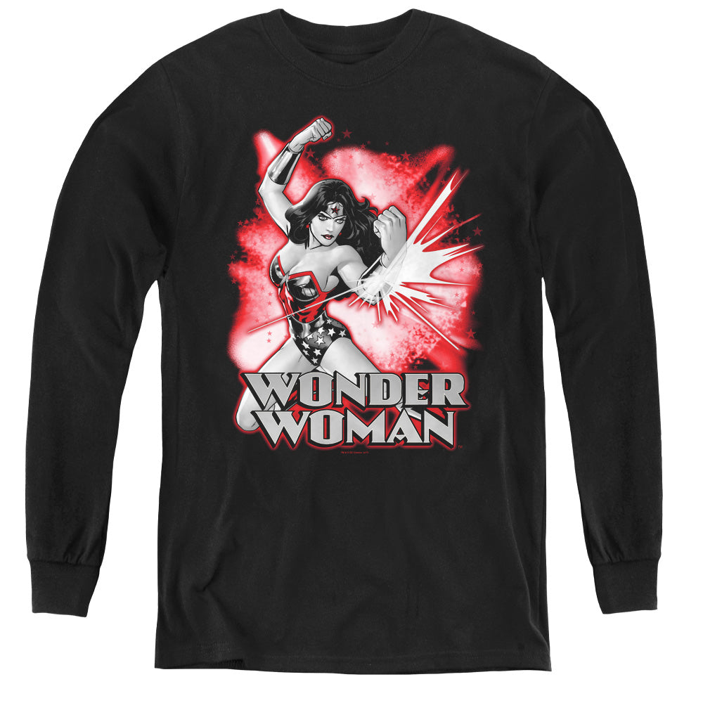 AN OFFCIALLY LICENSED JLA WONDER WOMAN RED AND GRAY YOUTH LONG SLEEVE T-SHIRT BLACK